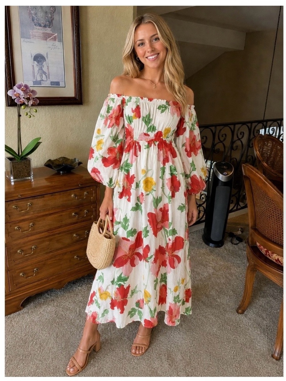 Hyacinth House Marigold Floral Off-The-Shoulder MaxiDress Cotton Puff Sleeve XXS